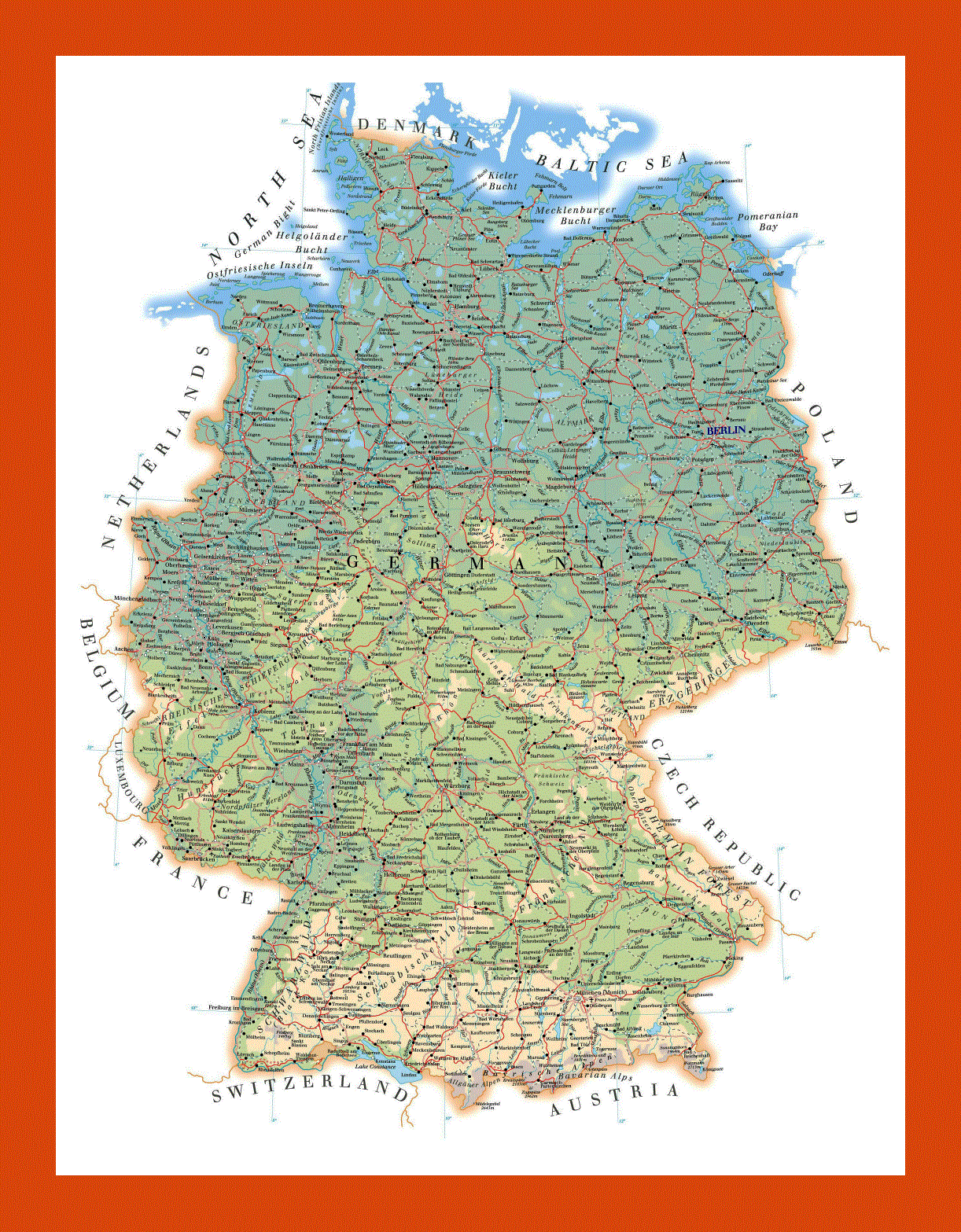 Road and physical map of Germany