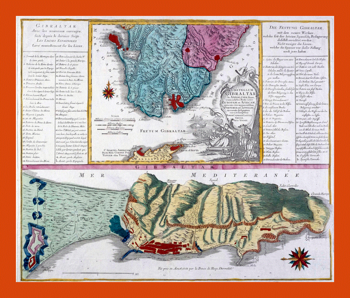 Old panoramic map of Gibraltar - 1756