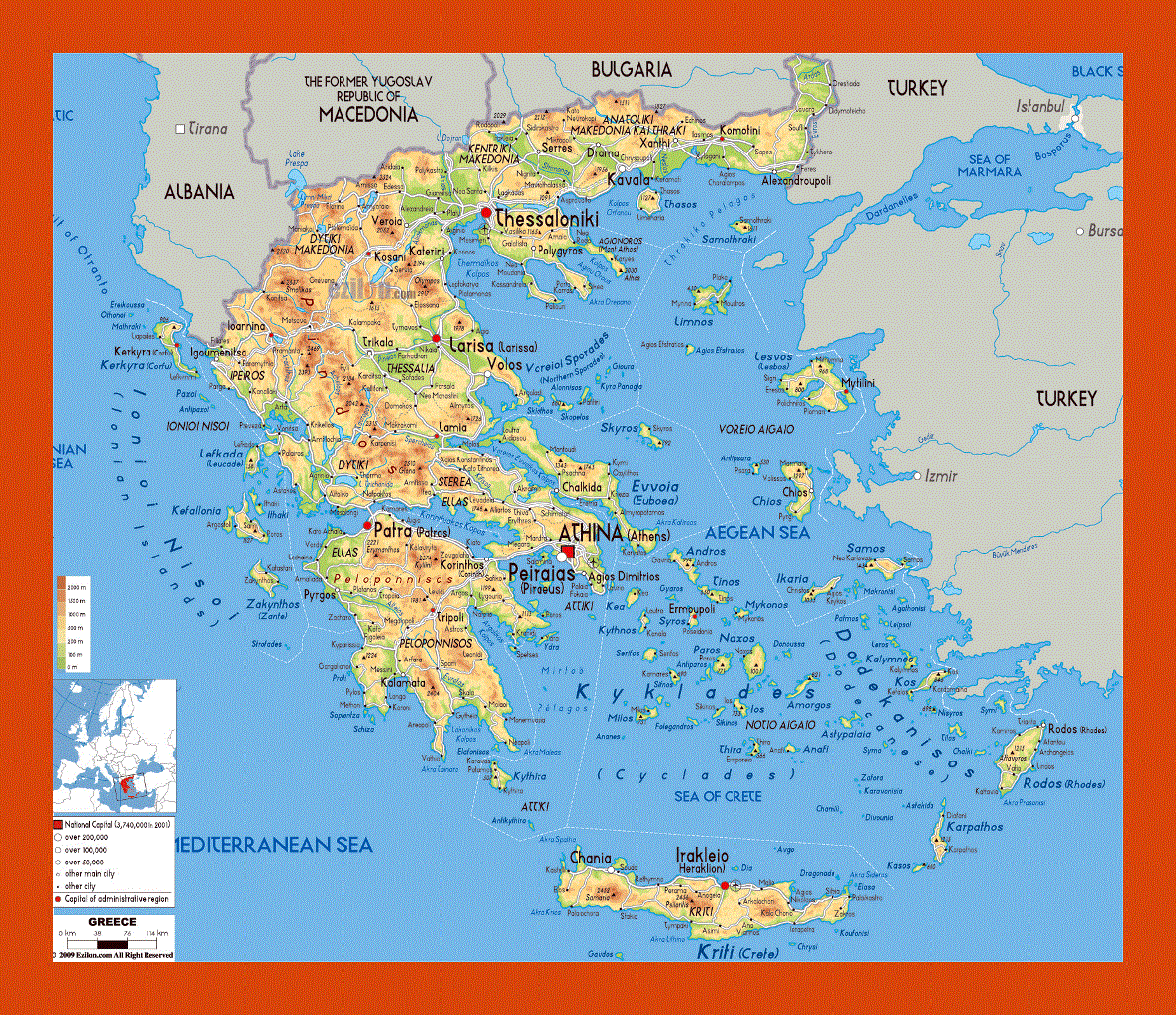 Physical map of Greece