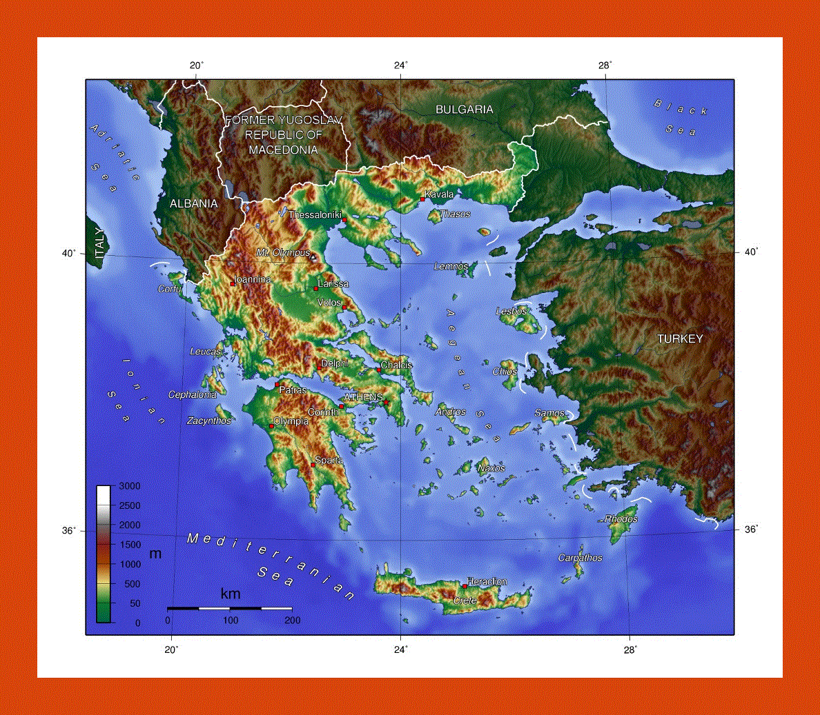 Physical map of Greece