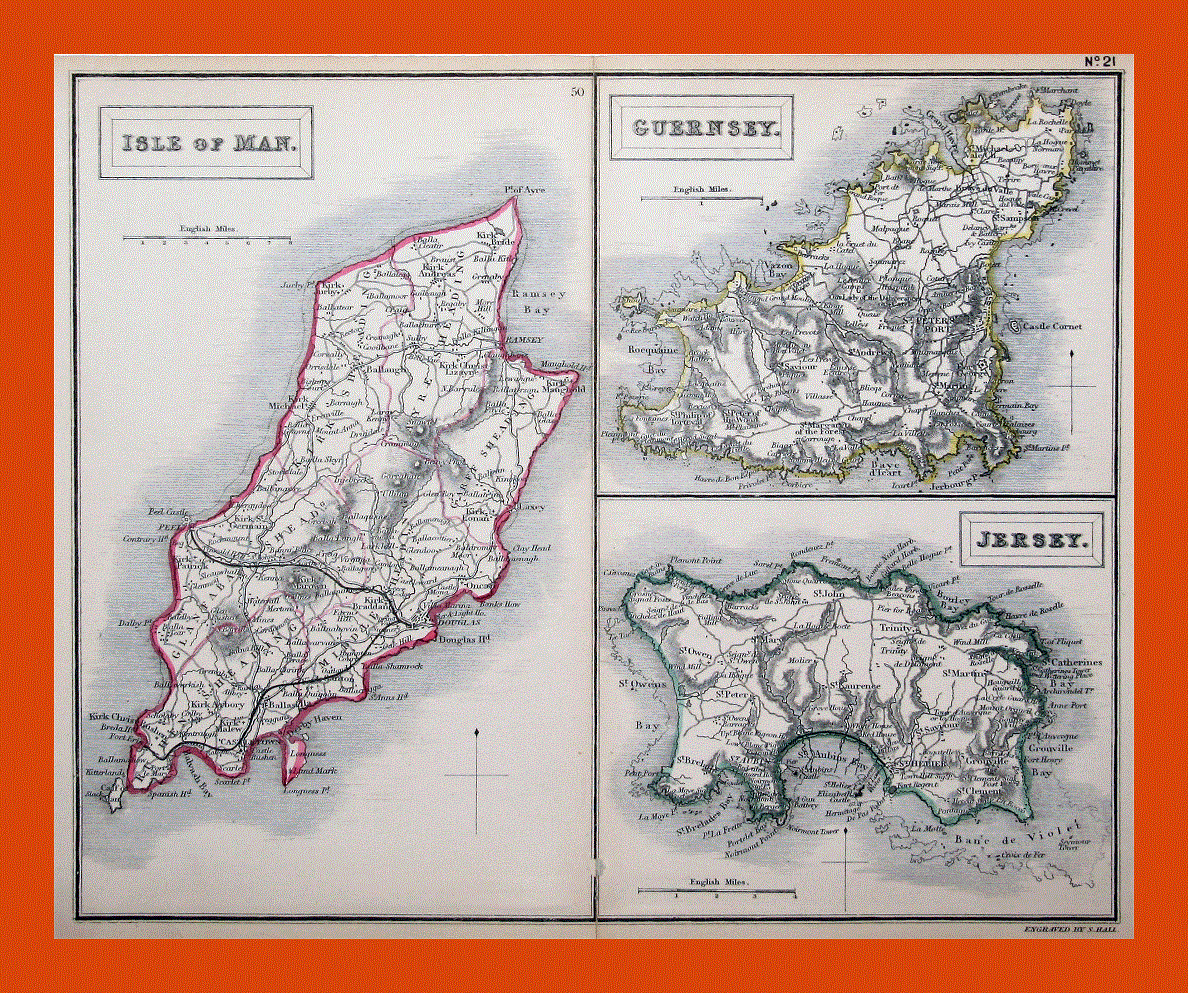 Old map of Isle of Man, Guernsey and Jersey