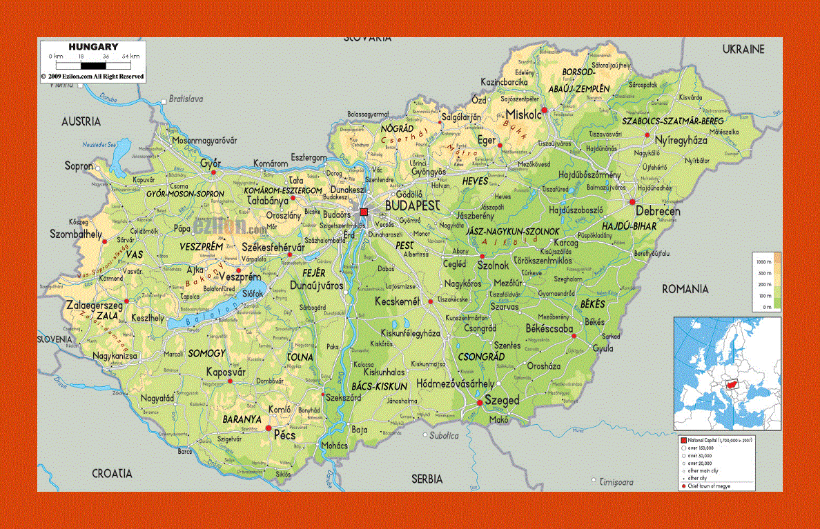 Physical map of Hungary