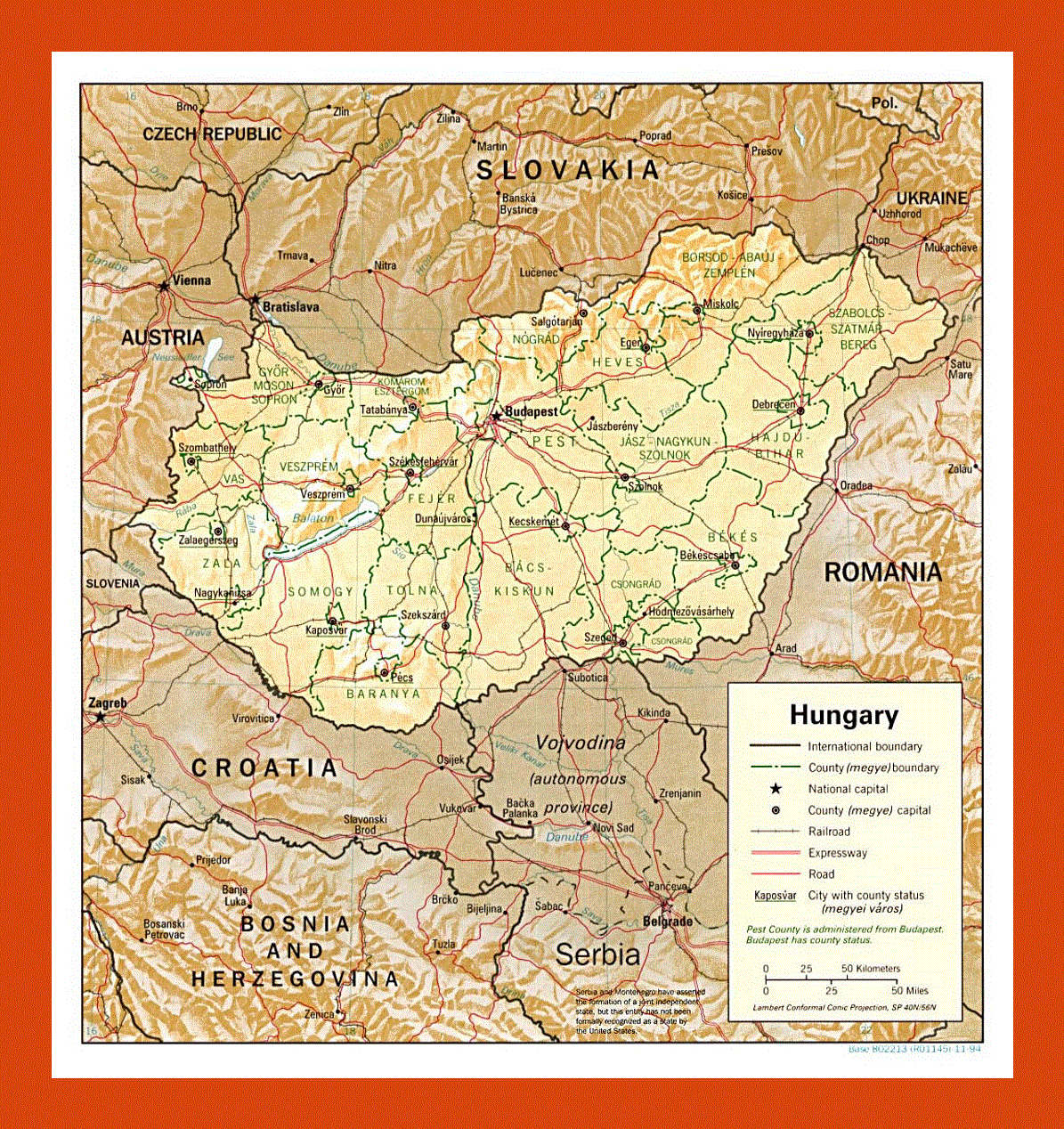 Political and administrative map of Hungary - 1994