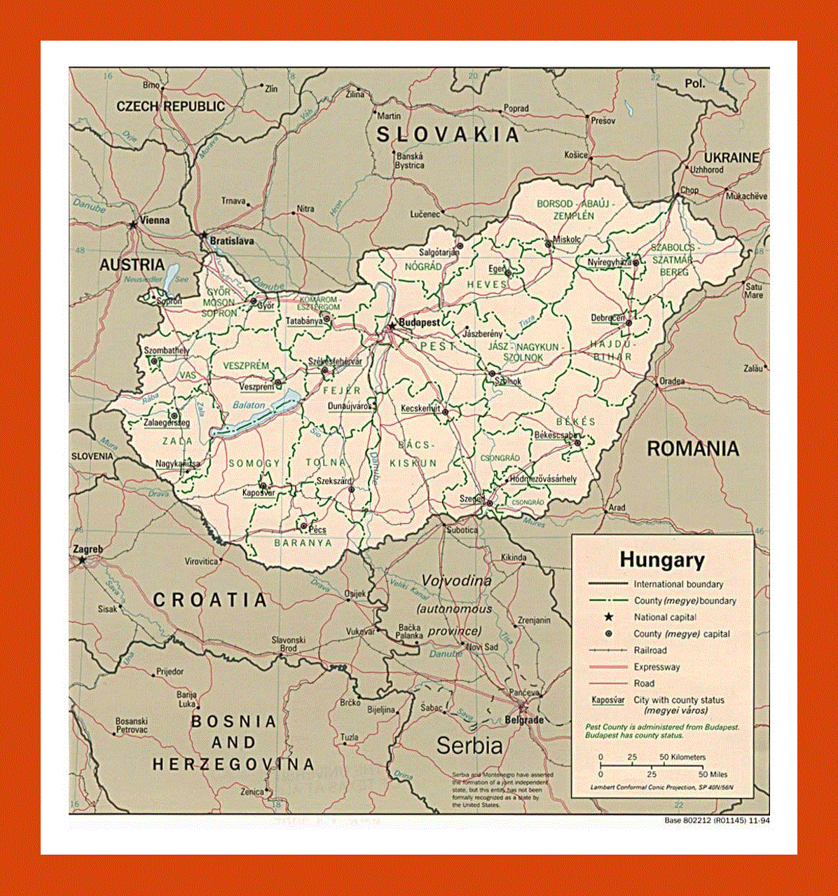 Political and administrative map of Hungary - 1994