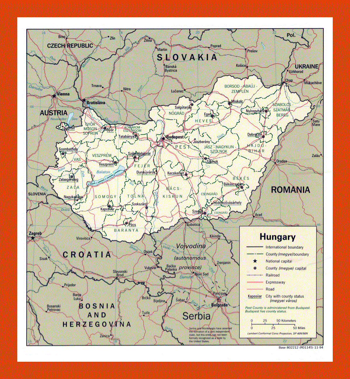 Political and administrative map of Hungary - 1994