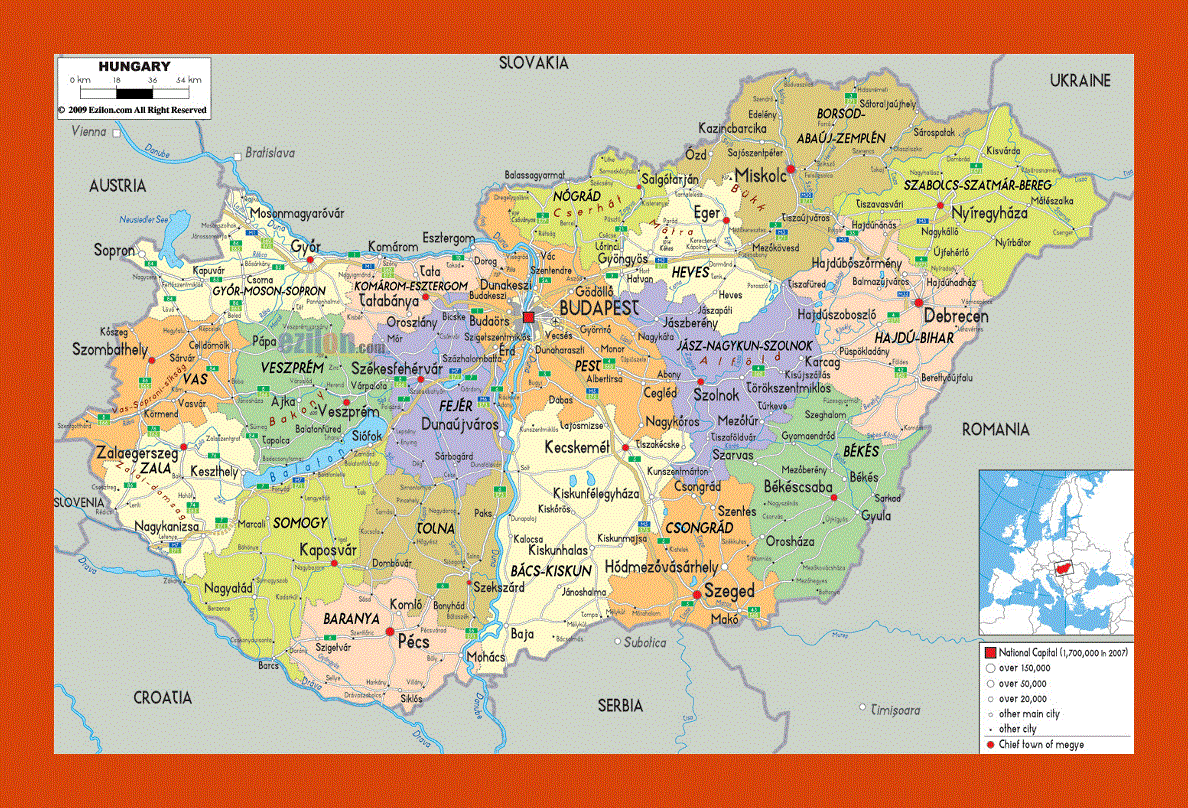 Political and administrative map of Hungary