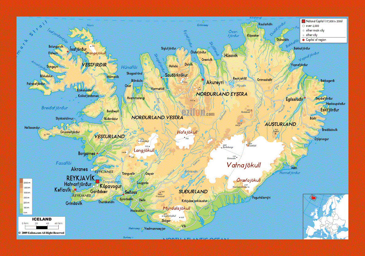 Physical map of Iceland