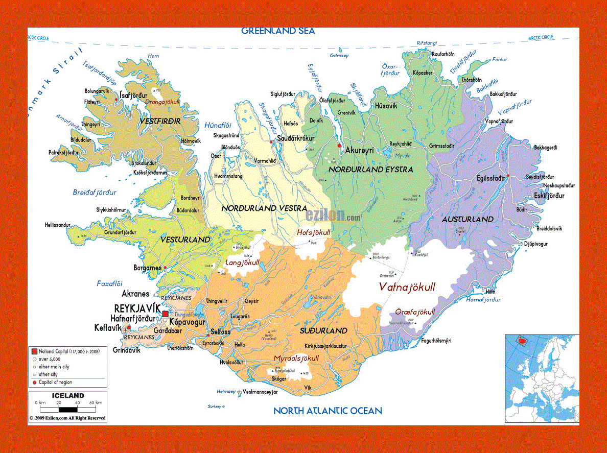 Political and administrative map of Iceland