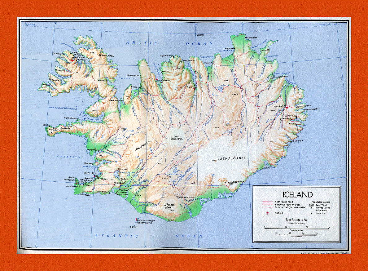 Political map of Iceland - 1970
