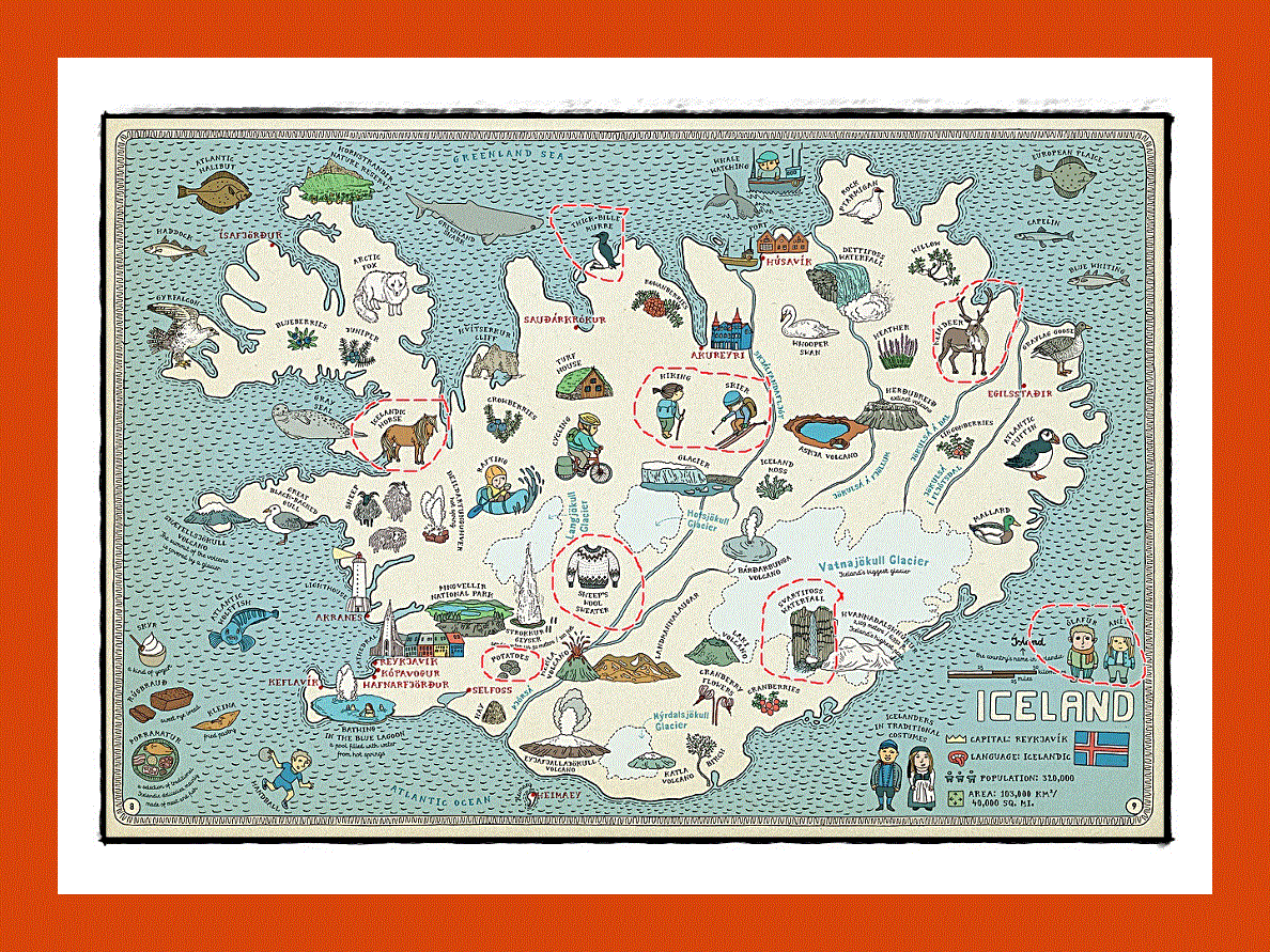Tourist illustrated map of Iceland