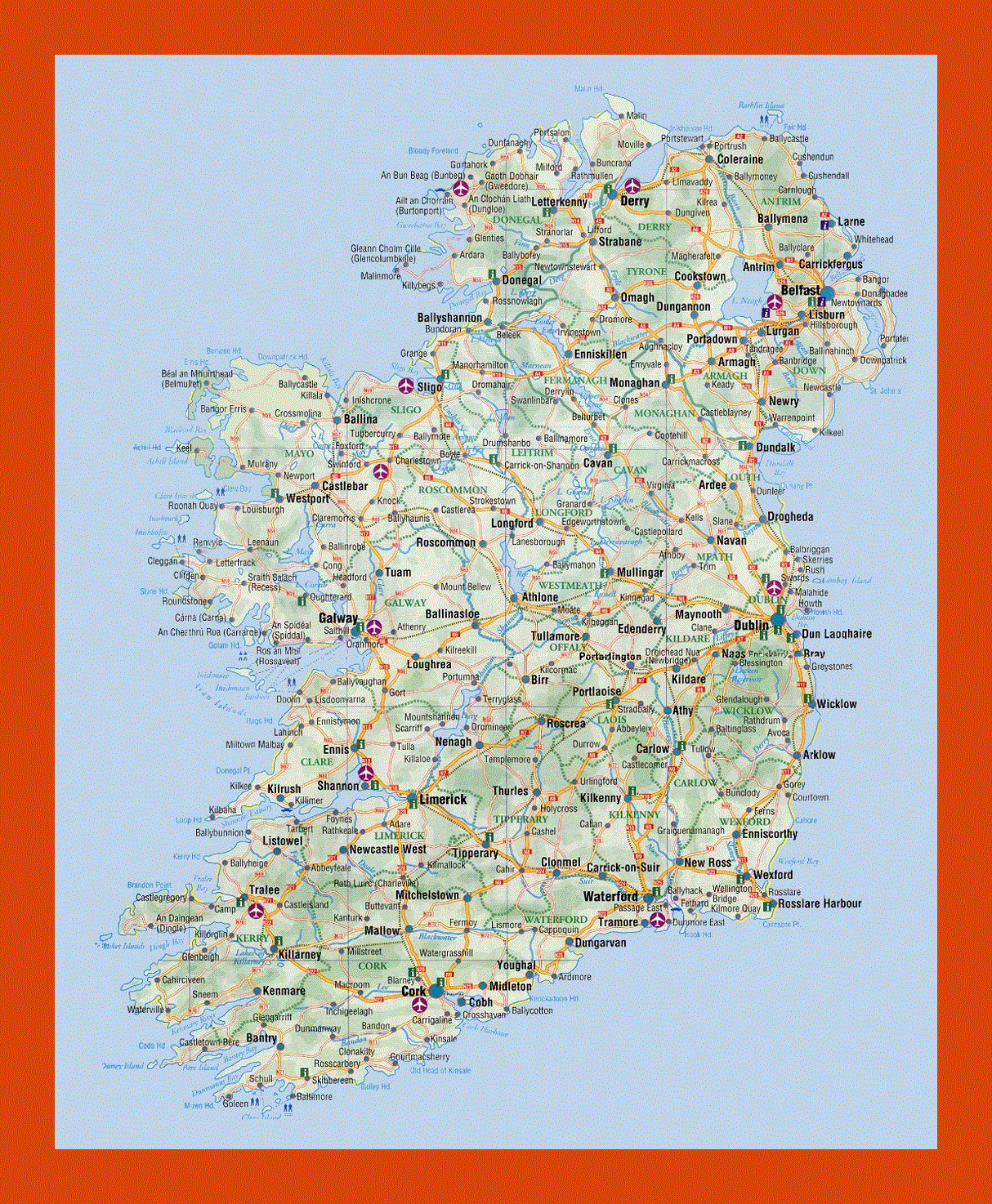 Elevation and road map of Ireland