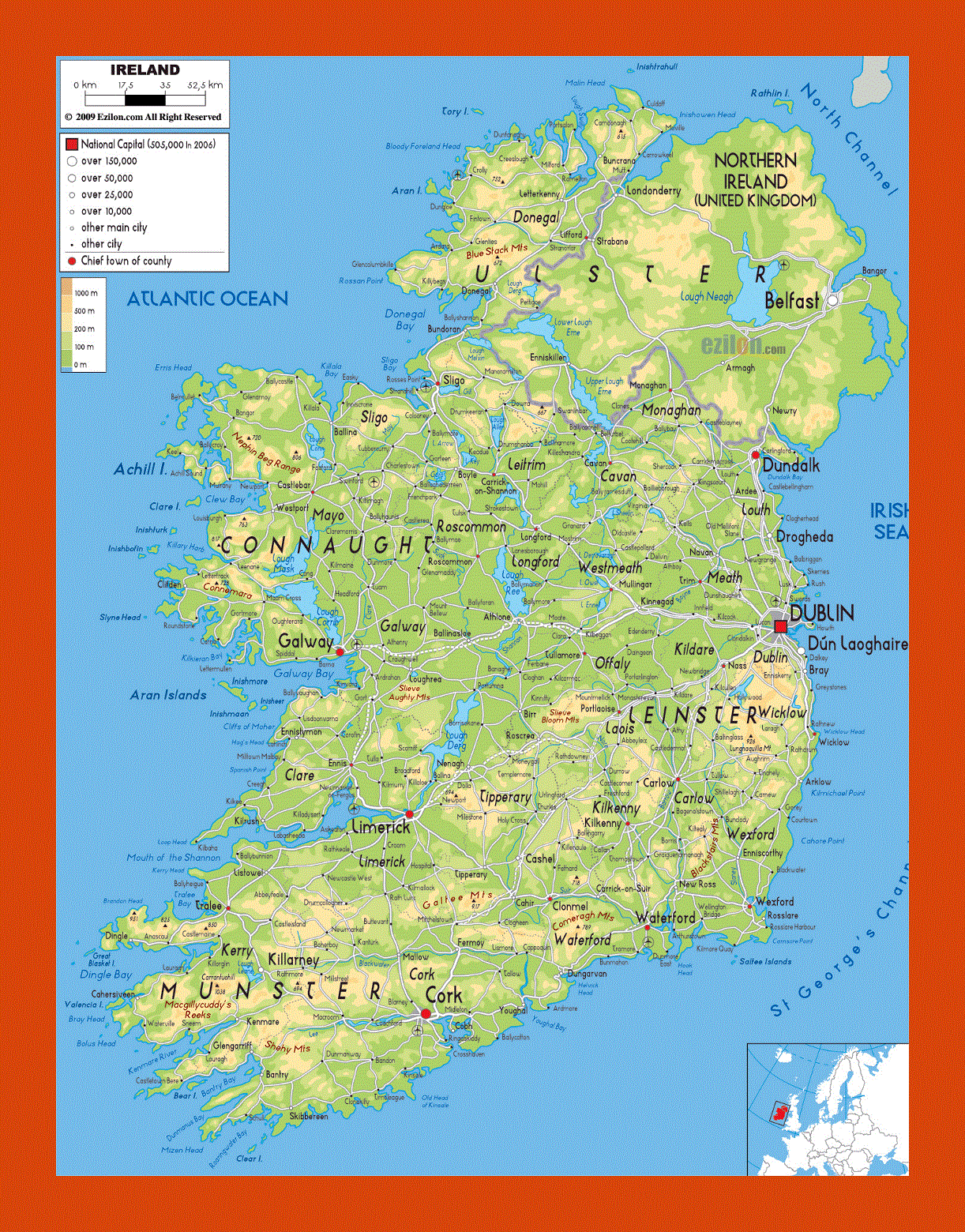 Physical map of Ireland