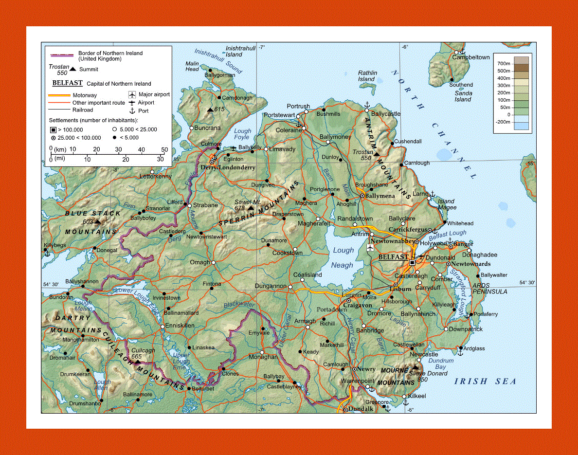 Physical map of Northern Ireland