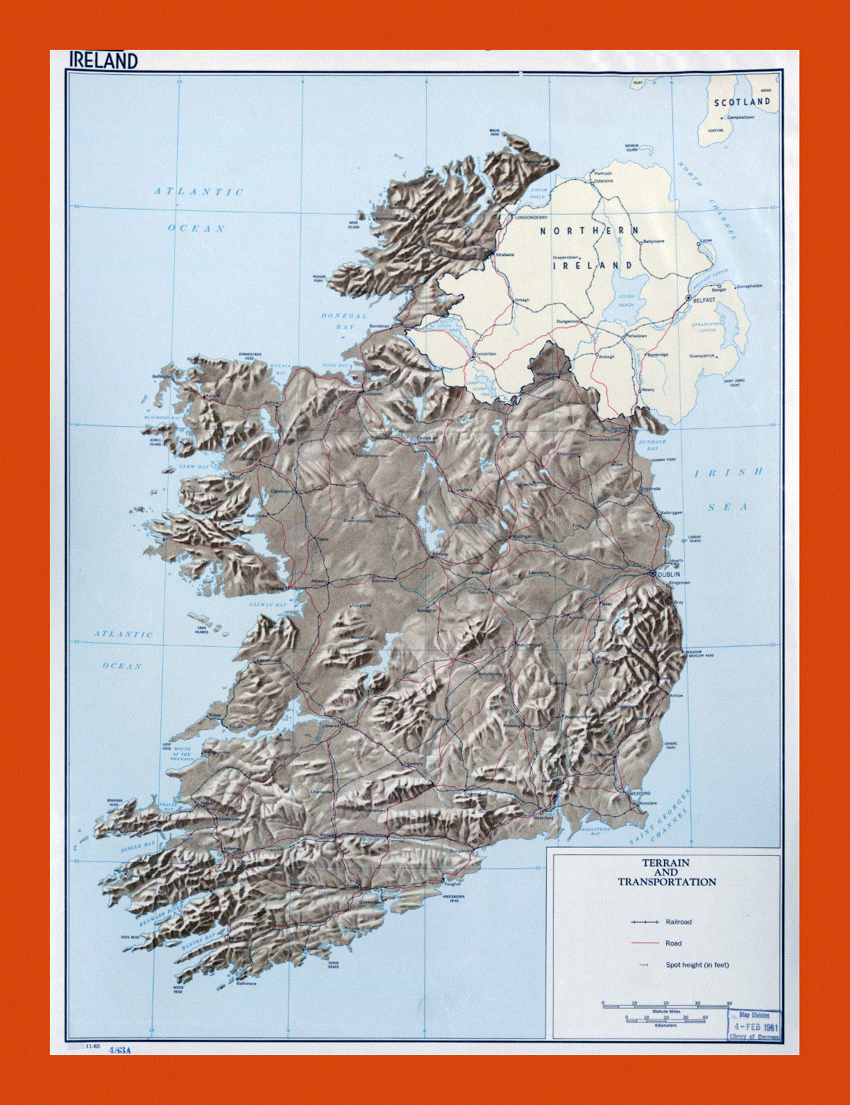 Terrain and transportation map of Ireland - 1960