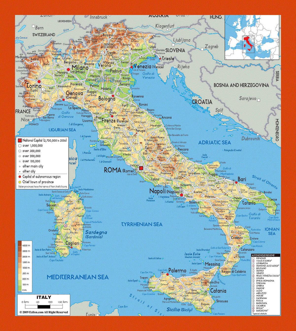Physical map of Italy
