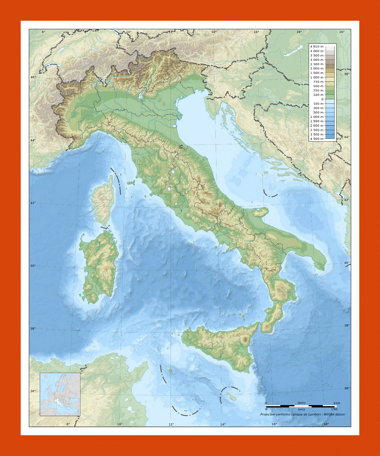 Physical map of Italy