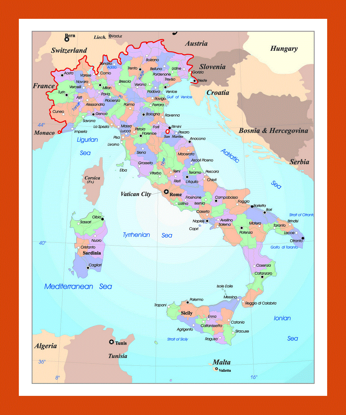 Political and administrative map of Italy