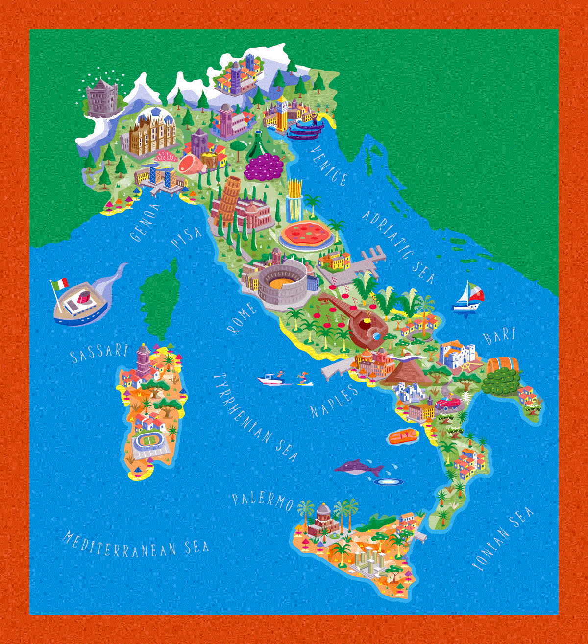 Tourist illustrated map of Italy