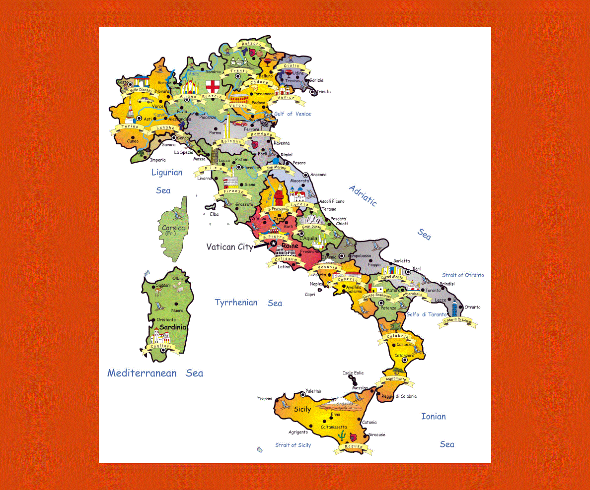 Карта италии с городами на английском языке