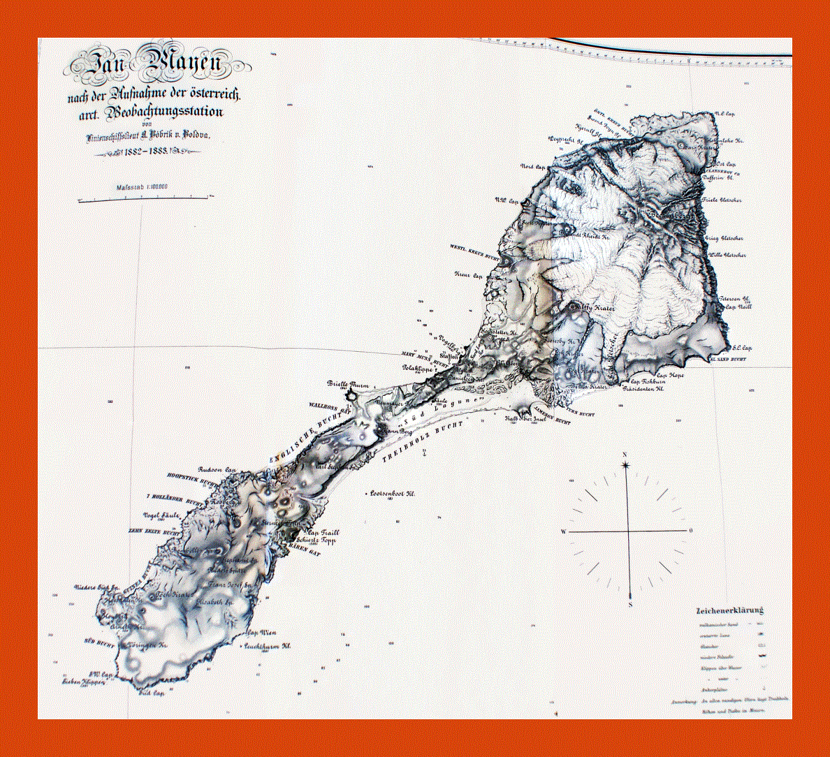 Old map of Jan Mayen island - 1884