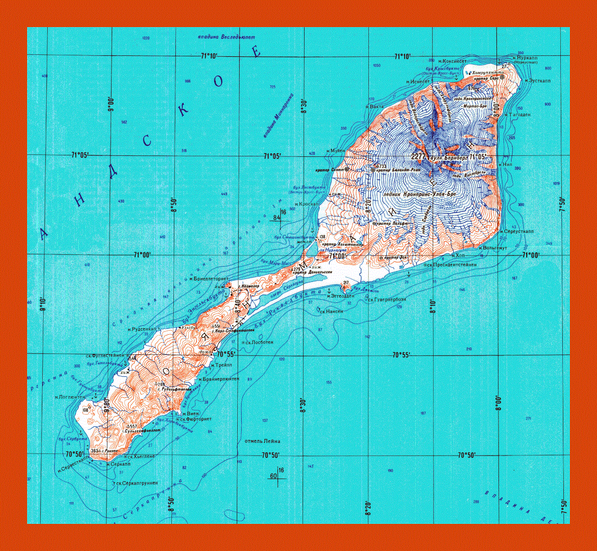 Topographical map of Jan Mayen island in russian