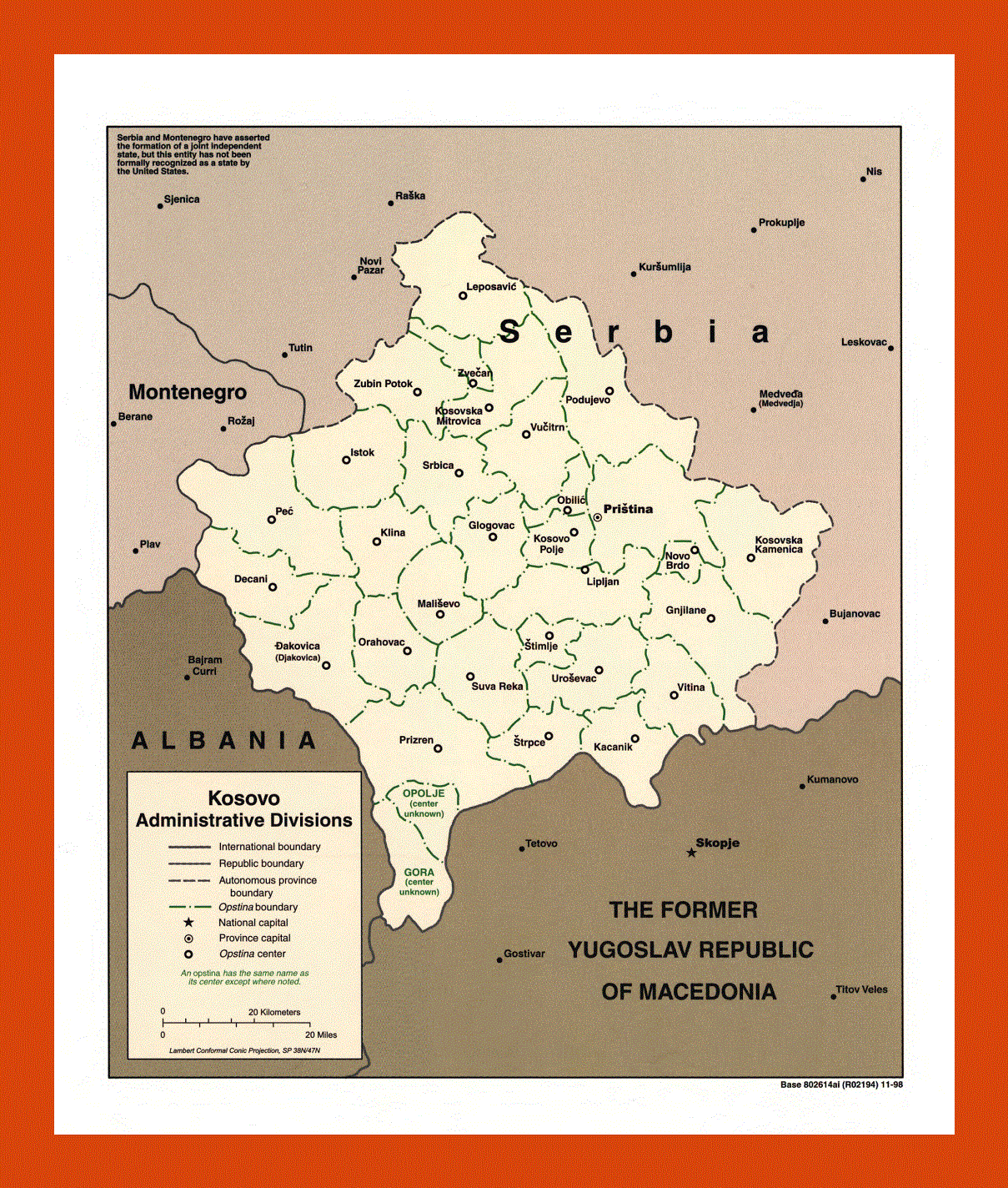 Administrative divisions map of Kosovo - 1998