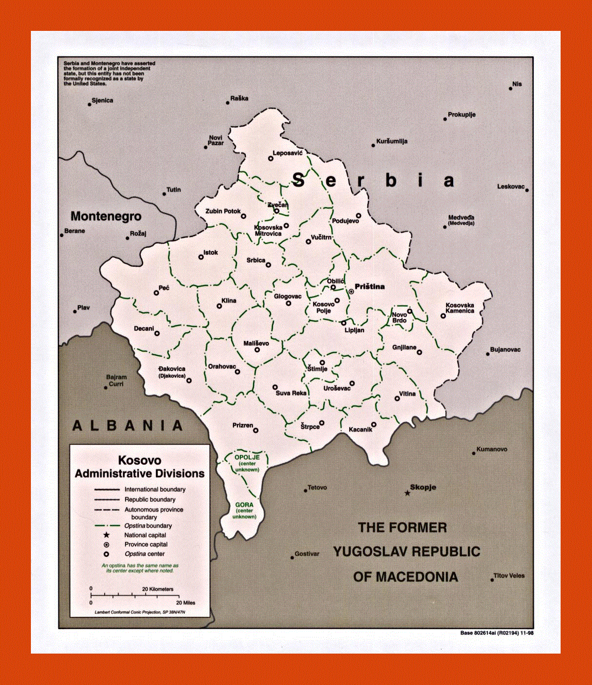 Administrative divisions map of Kosovo - 1998