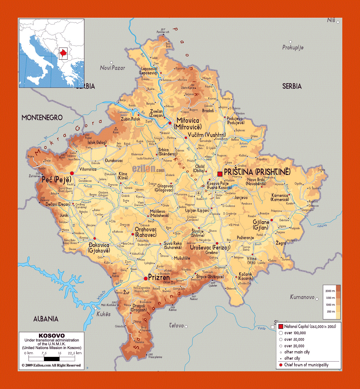 Physical map of Kosovo