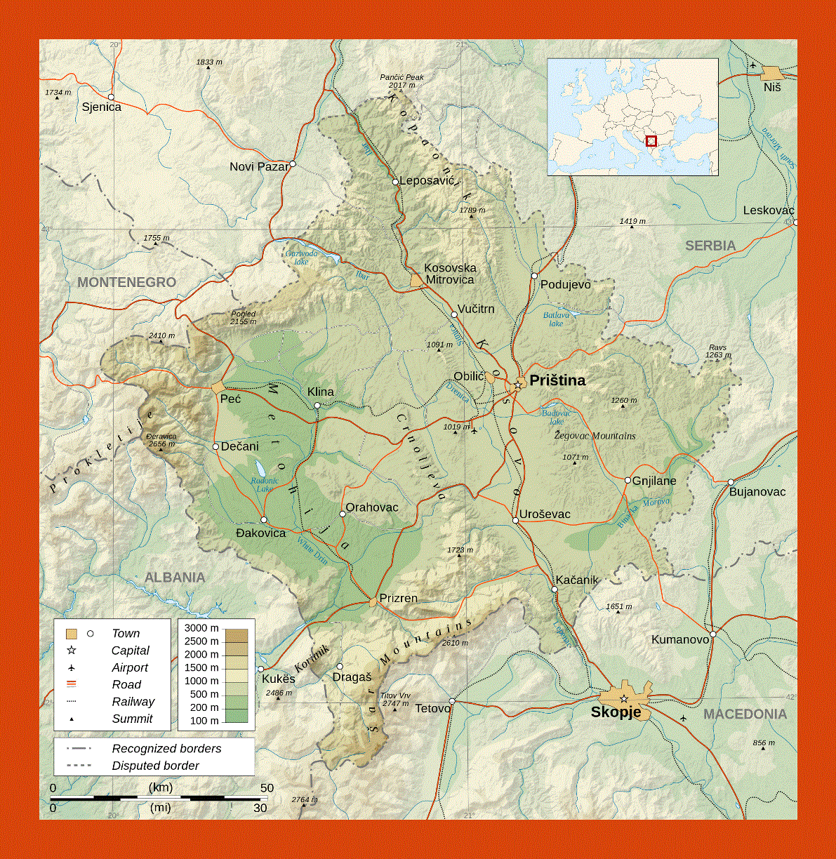 Physical map of Kosovo