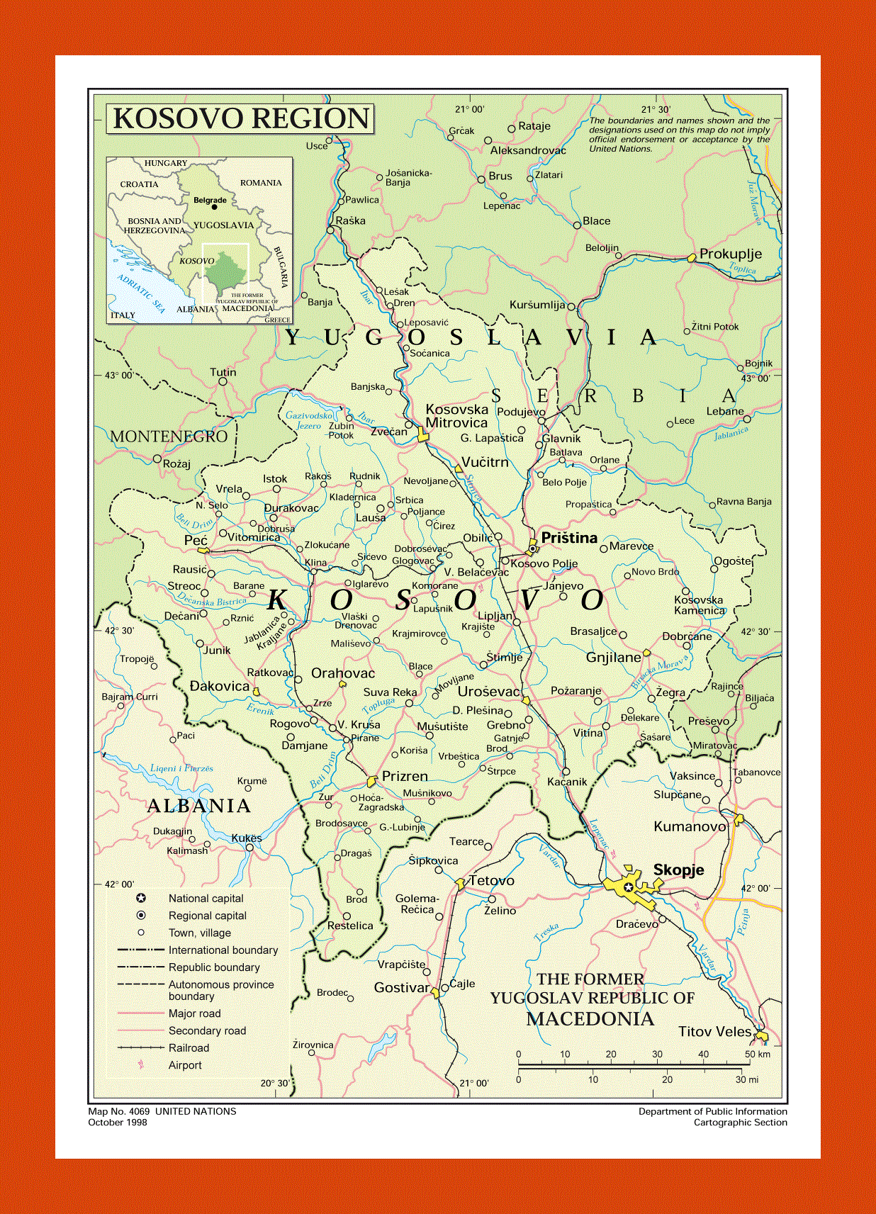 Political map of Kosovo - 1998
