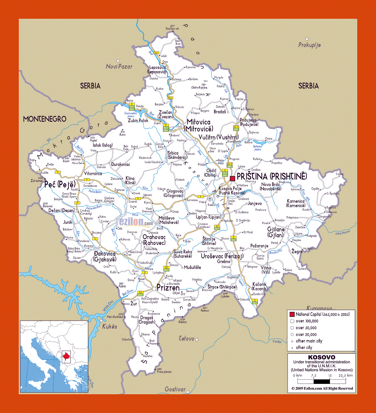 Road map of Kosovo