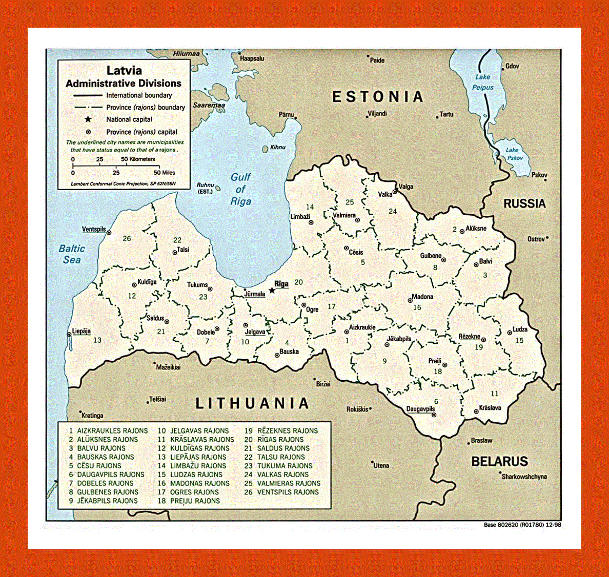 Administrative divisions map of Latvia - 1998