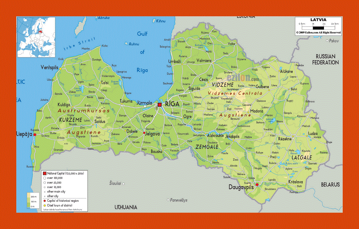 Physical map of Latvia