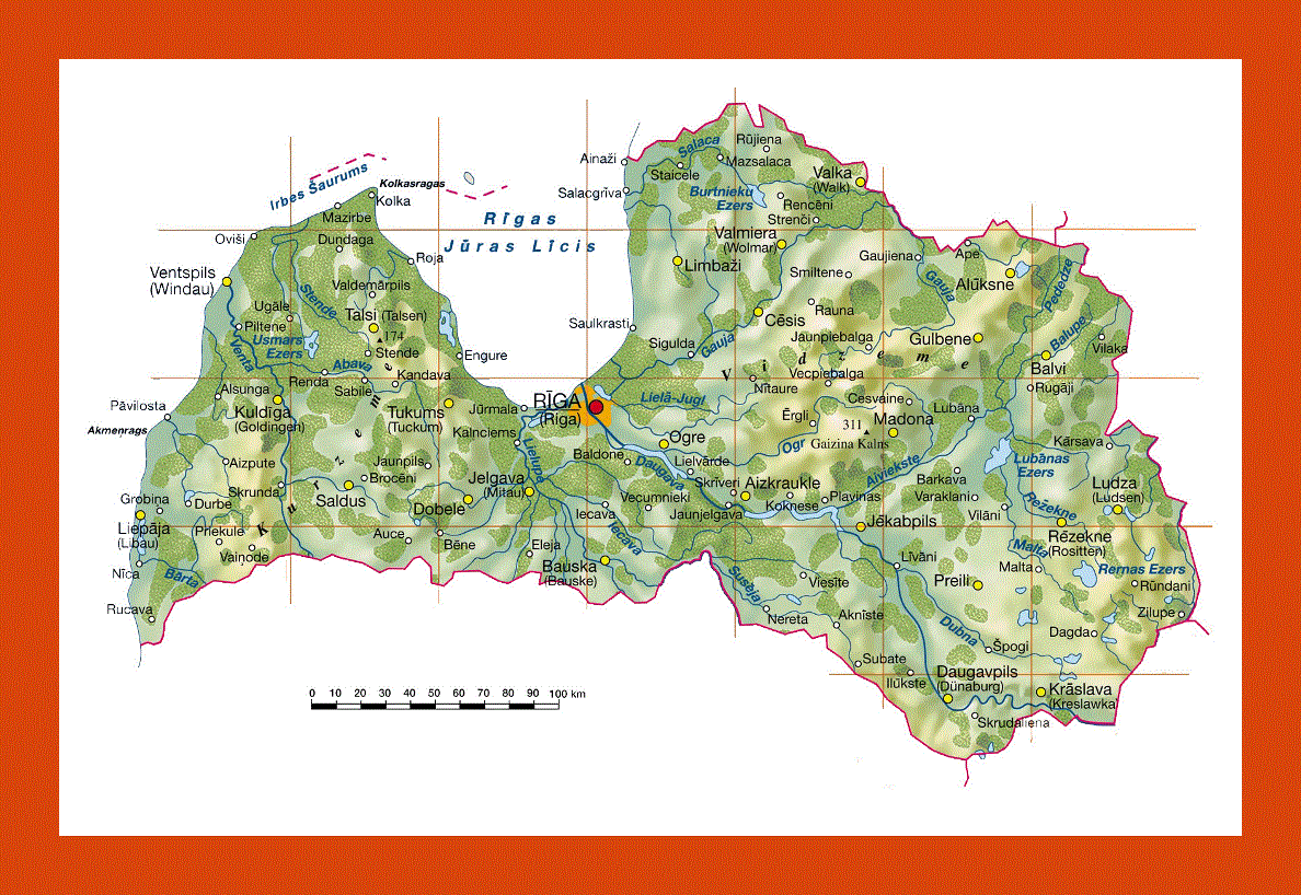 Topographical map of Latvia