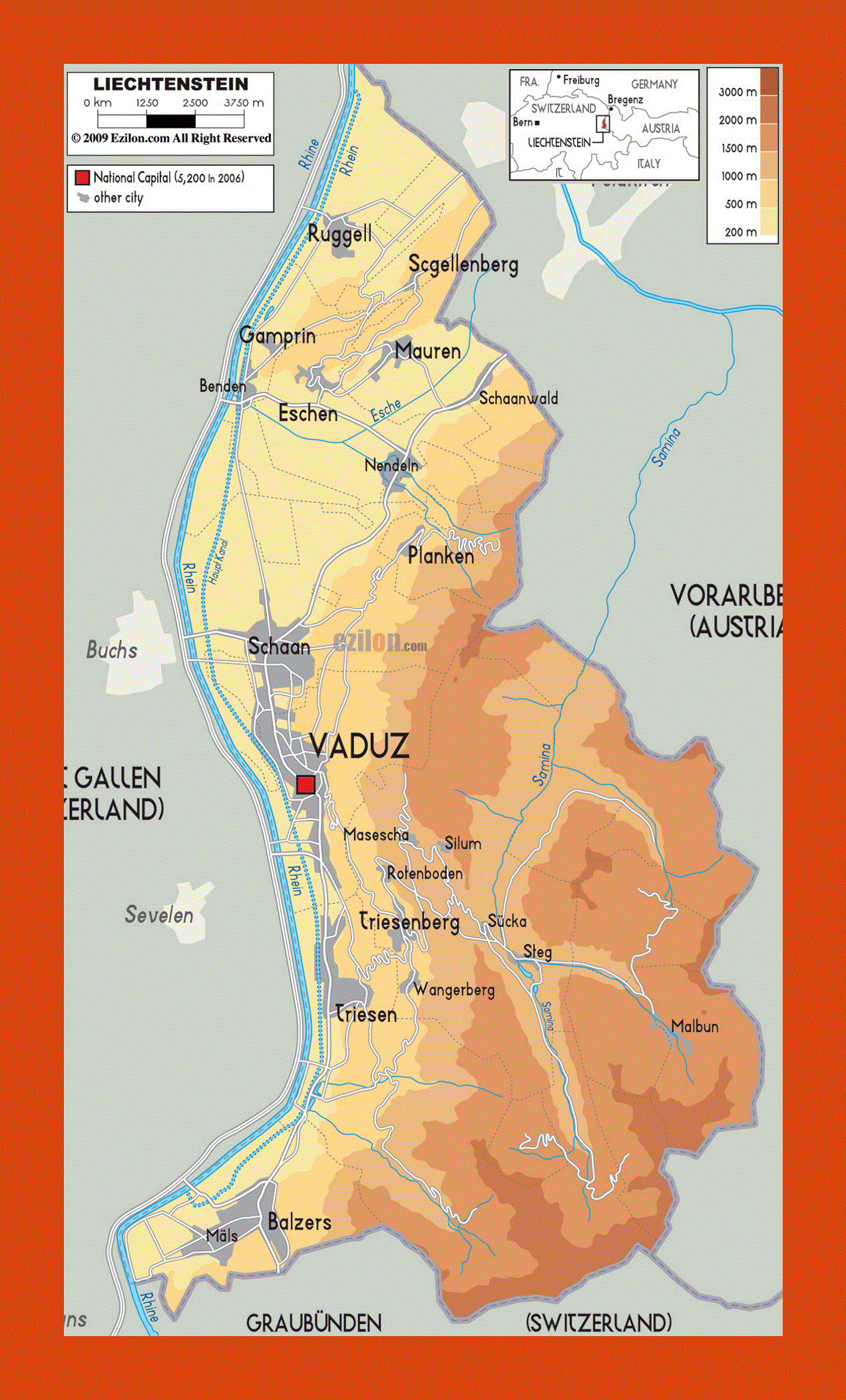 Physical map of Liechtenstein