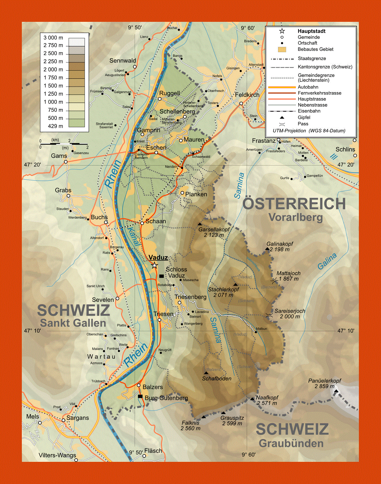 Physical map of Liechtenstein