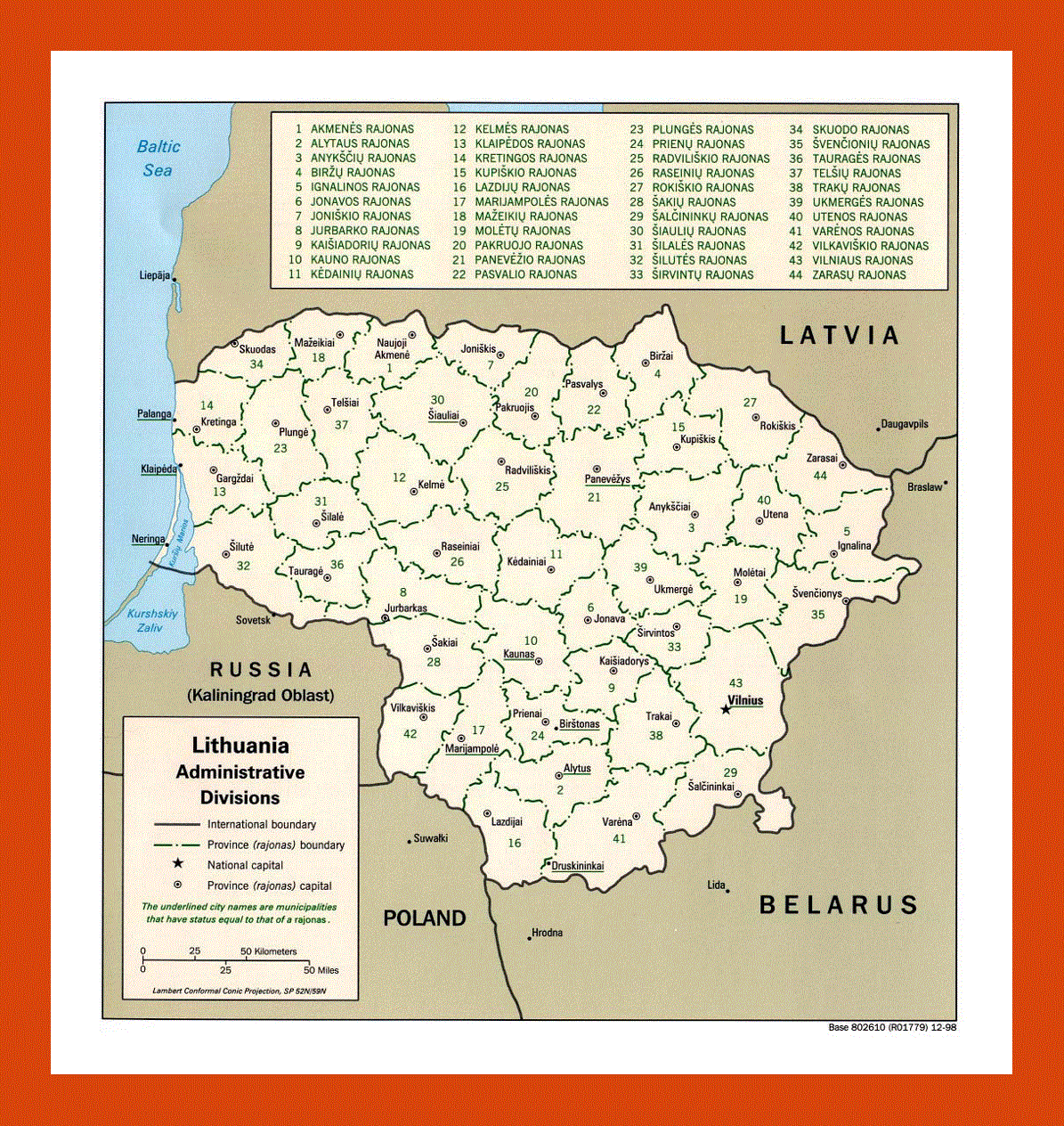 Administrative divisions map of Lithuania - 1998