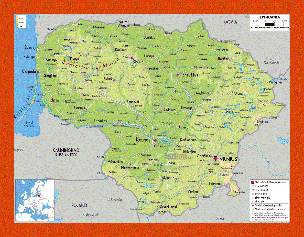Physical map of Lithuania