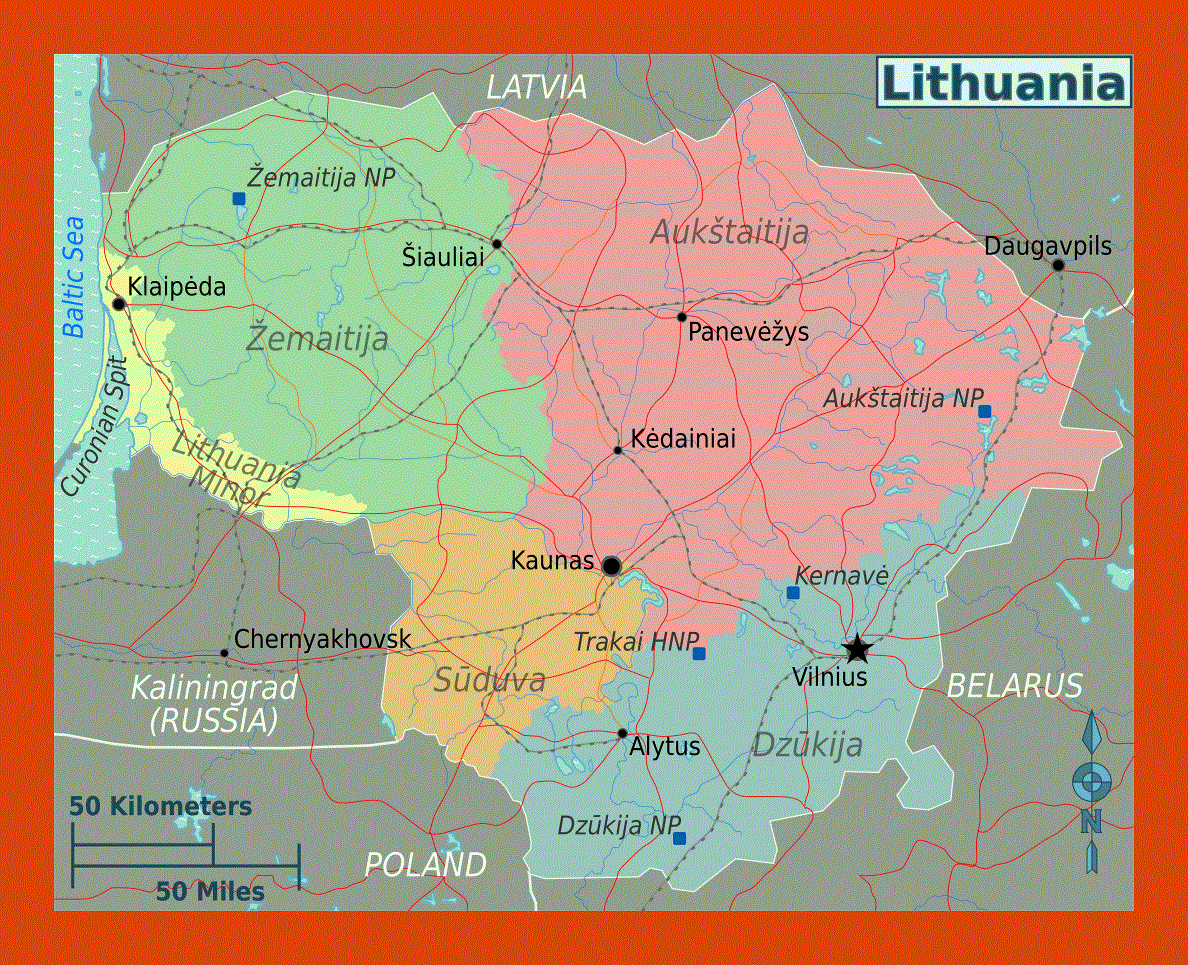 Regions map of Lithuania