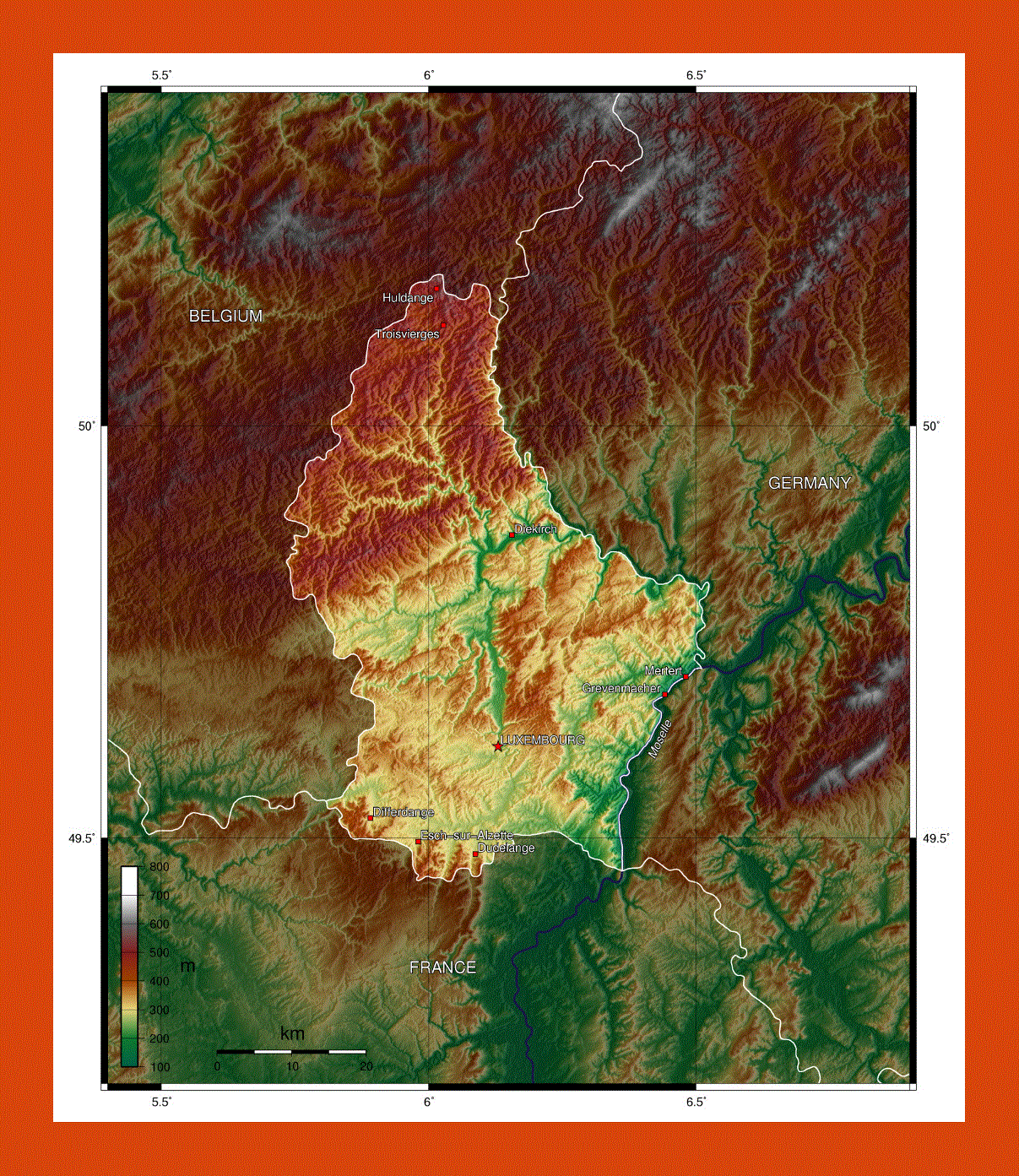 Physical map of Luxembourg