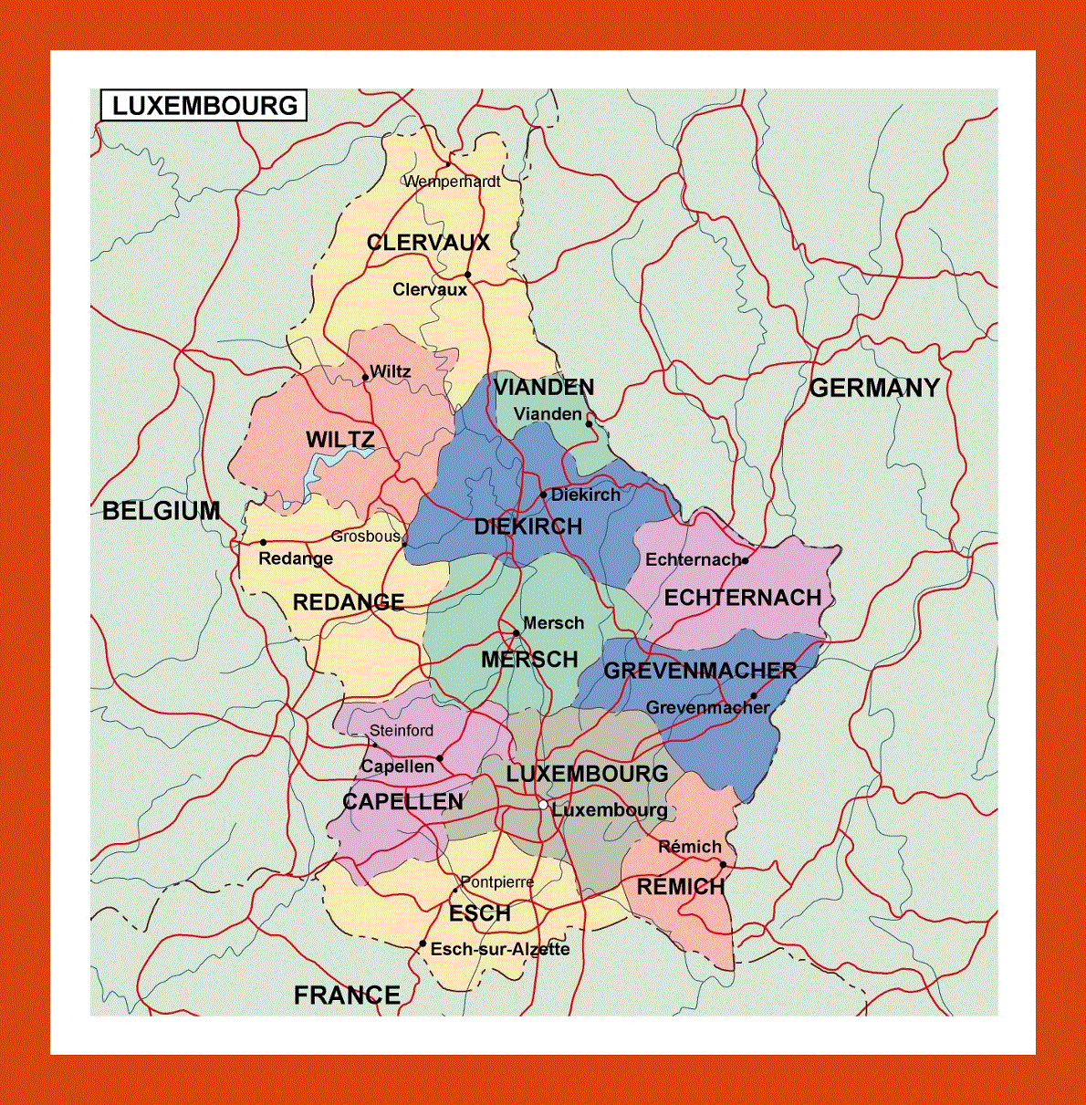 Political and administrative map of Luxembourg