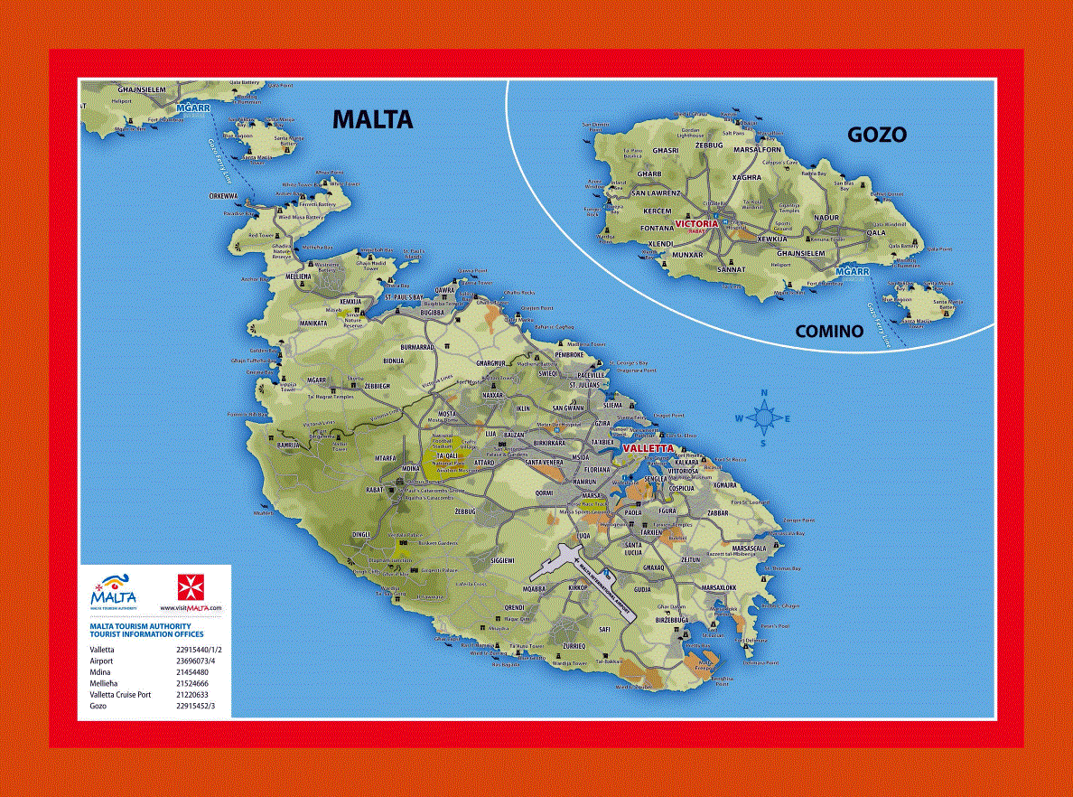 Elevation and tourist map of Malta and Gozo