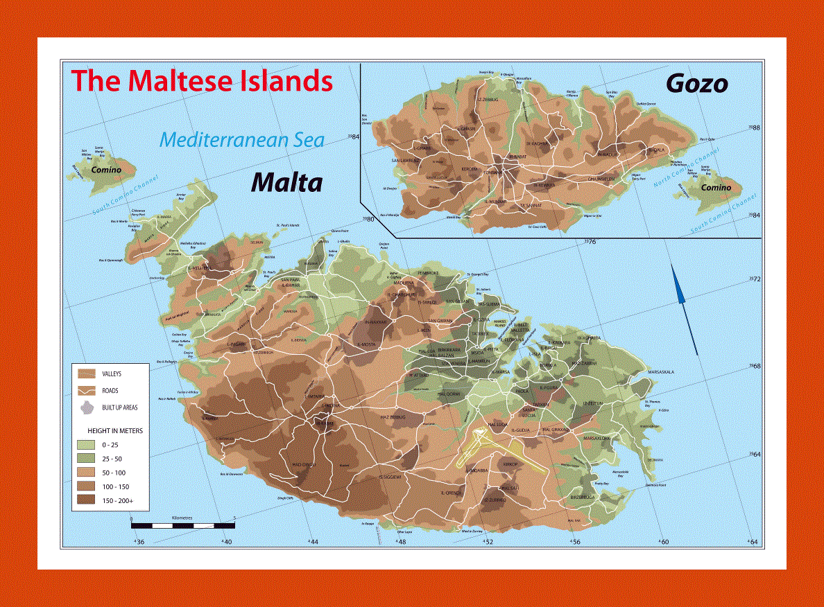 Elevation map of Malta and Gozo