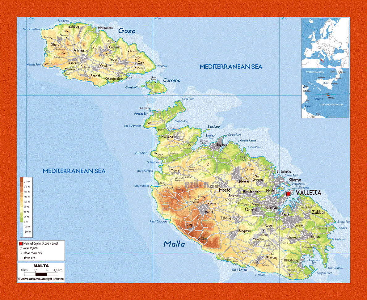 Physical map of Malta