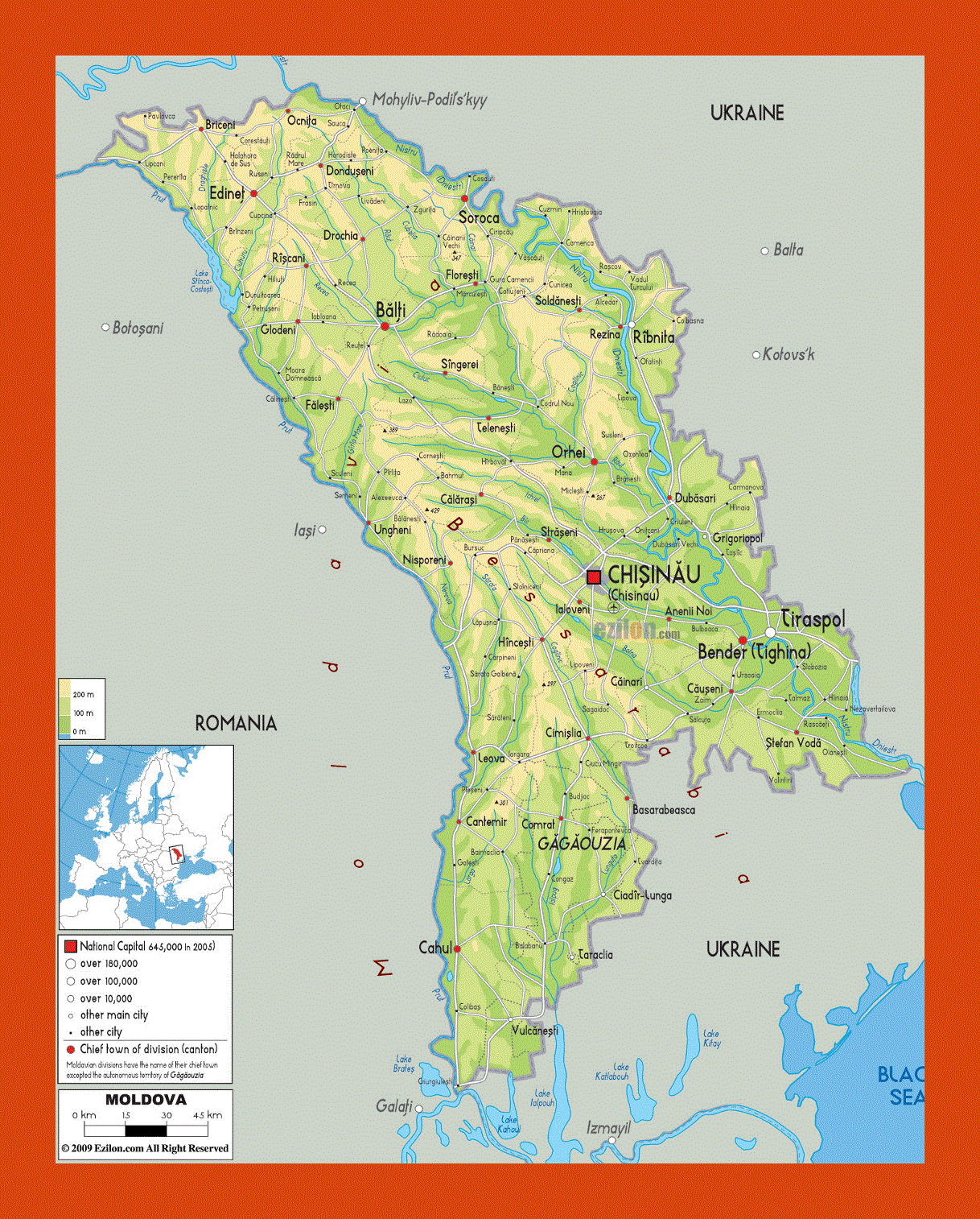 Physical map of Moldova