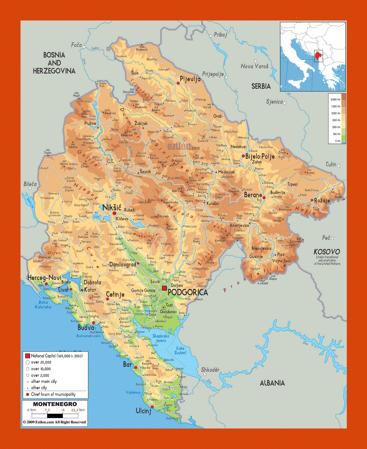 Physical map of Montenegro