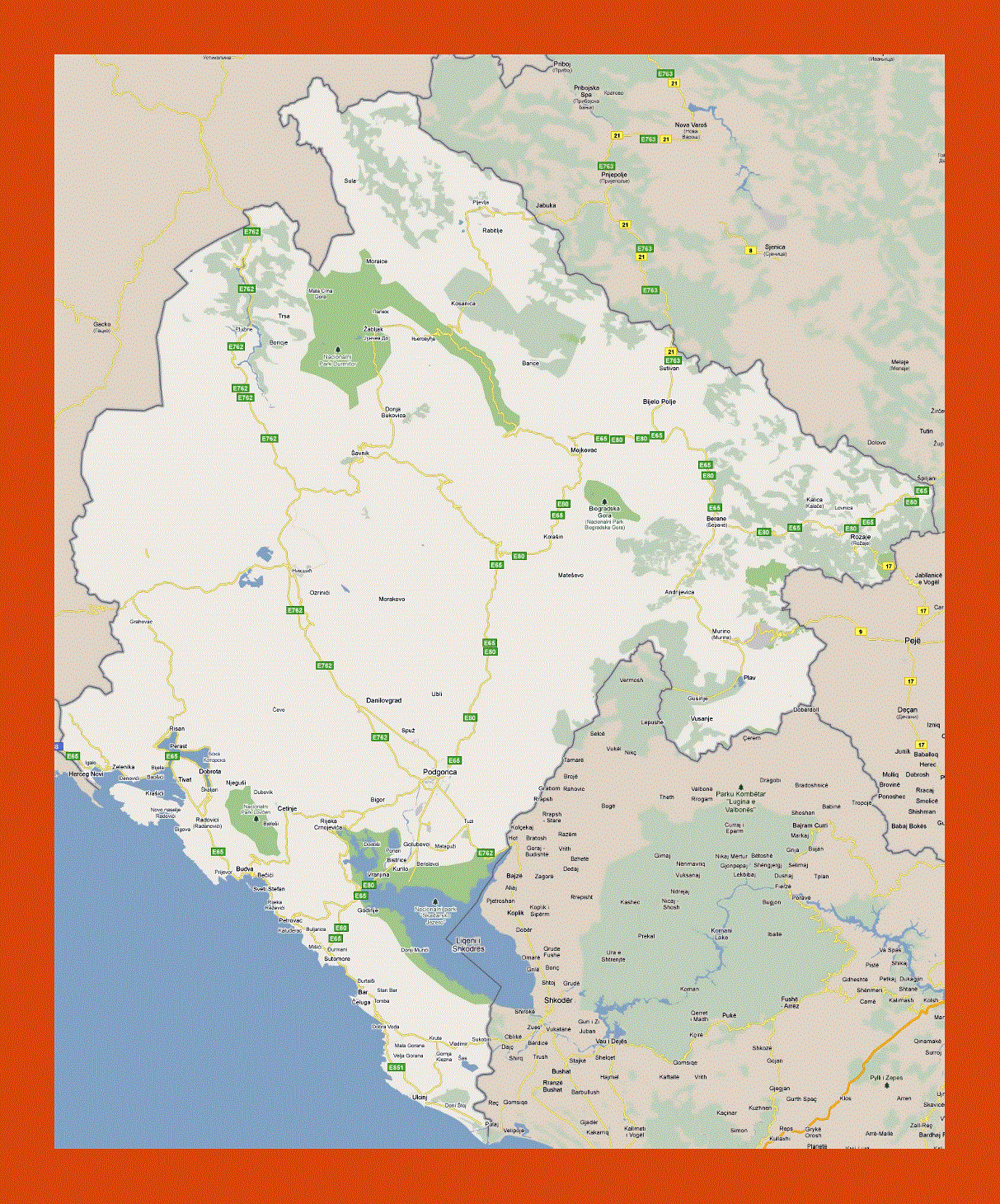 Road map of Montenegro