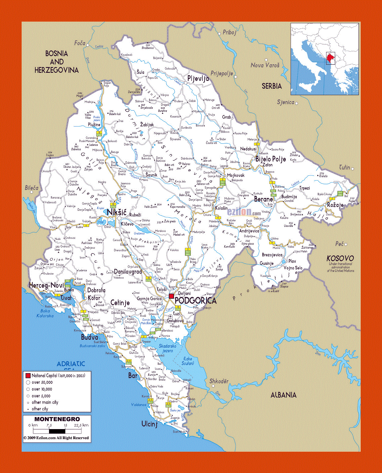Road map of Montenegro
