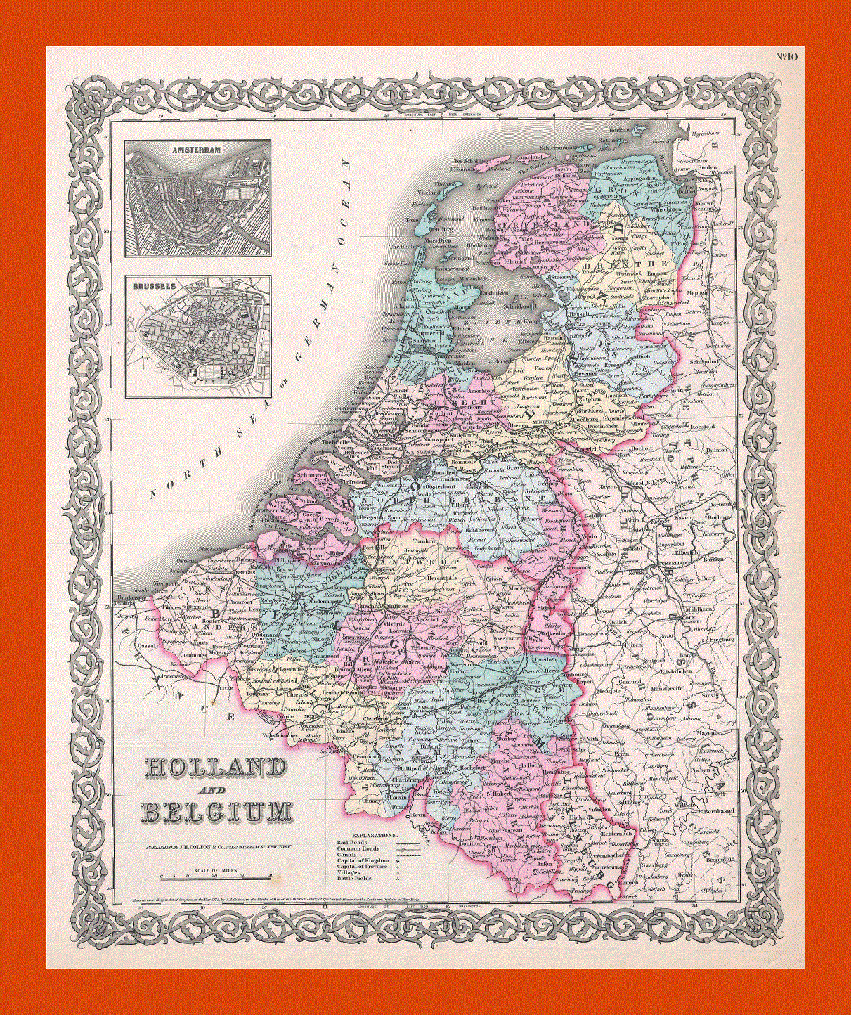 Old political and administrative map of Holland and Belgium - 1855
