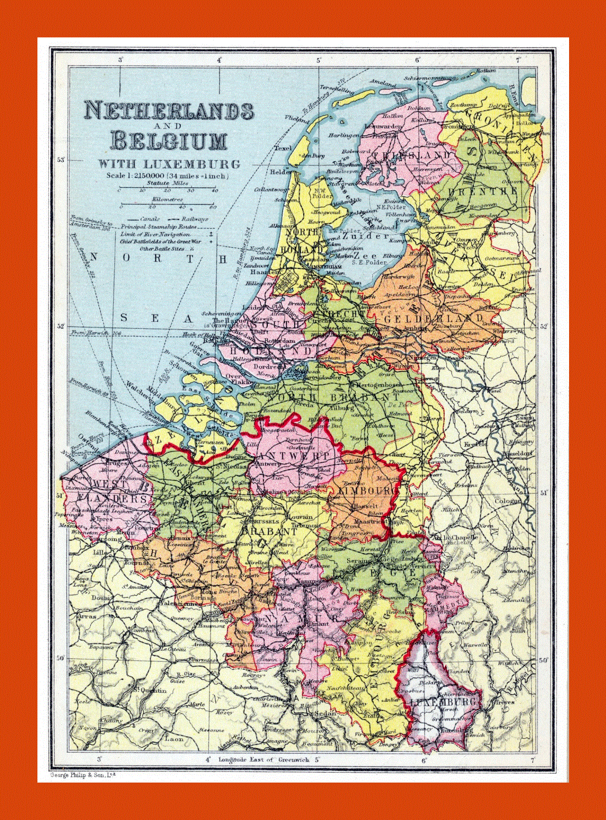 Old political and administrative map of Netherlands and Belgium
